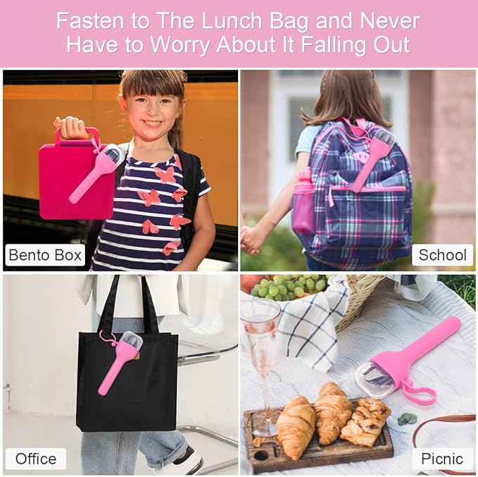 Sophico Travel Utensils Set for Camping and Kids Lunch Box, Stainless Steel Fork and Spoon, Knife Silverware Flatware Sets with Silicone Case - Portable & Leak-proof, Dishwasher Safe (Pink, 1 Set)