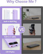 12000mAh Lightweight-Portable-Charger-Power-Bank with Built-in Cables and AC Wall Plug, PD20W USB-C Fast Charging Battery Pack, LED Display External Travel Phone Charger for All iPhone,Samsung,Android