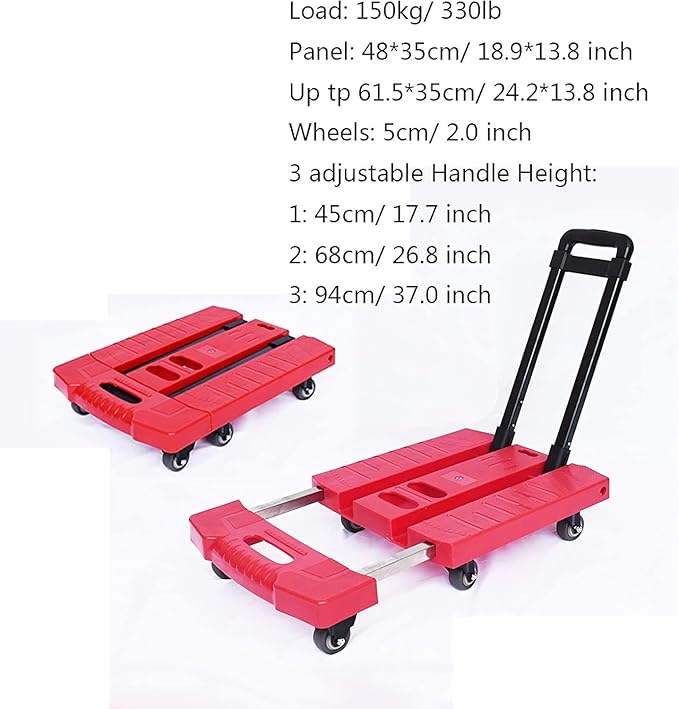 Heavy Duty Folding Hand Truck - 330 Lbs Capacity 6-Wheel Flatbed Trolley with Extendable, Portable Utility Cart for Home, Office, Travel & Shopping Red 2inch