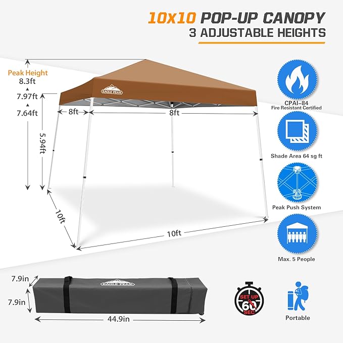EAGLE PEAK 10x10 Slant Leg Pop-up Canopy Tent Easy One Person Setup Instant Outdoor Beach Canopy Folding Portable Sports Shelter 10x10 Base 8x8 Top (Khaki)