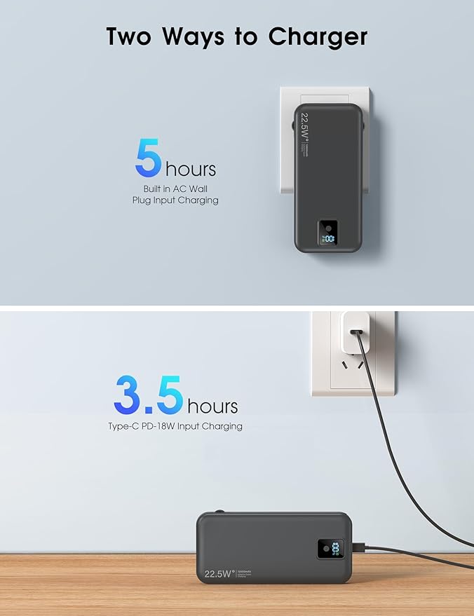 Portable Power Bank, 12000mAh 22.5W Fast Charging Phone Charger with Built-in Cables & Wall Plug, Travel Essential Battery Pack with LED Display, USB C Battery Charging Bank for iPhone, Samsung Black