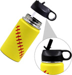 12 oz Softball Water Bottle, Sports Cup Flask Metal Travel Mug with 2 Lids, Stainless Steel Double Wall Vacuum Insulated Leak Proof Water Bottles, Softball Accessories Stuff Gifts for Boys Girls Fans
