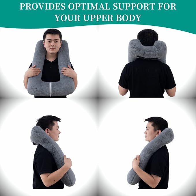 Travel Pillow Upgraded Version of Aircraft Travel Neck Pillow with Storage Bag, Sleep Pillows for Travel by Train, Car, or Plane, Supporting The Head and Body, Travel Pillow for Kids Grey