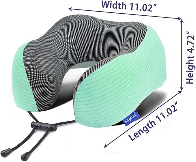 napfun Neck Pillow for Traveling, Upgraded Travel Neck Pillow for Airplane 100% Pure Memory Foam Travel Pillow for Flight Headrest Sleep, Portable Plane Accessories, Striped Turquoise Set
