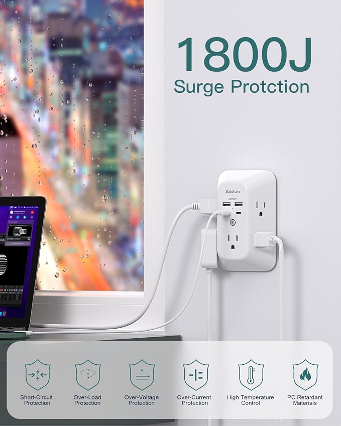 Addtam USB Wall Charger Surge Protector, 5 Outlet Extender with 4 USB Charging Ports 3 Sided 1800J Power Strip Multi Plug Outlets, Wall Adapter Spaced for Home Office, PD 20W