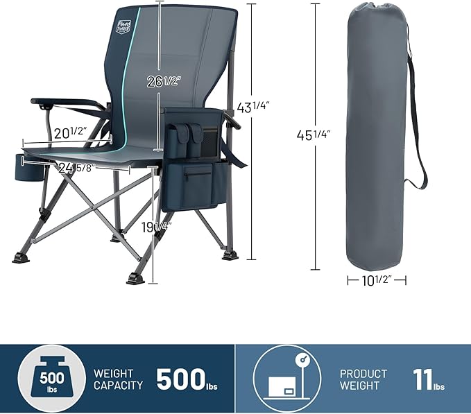 TIMBER RIDGE Oversized Folding Camping Chair with Lumbar Support Adjustable High Back Heavy Duty for Adults Support up to 500lbs with Cup Holder, Cooler Bag, Side Pocket, Blue 2Pcs