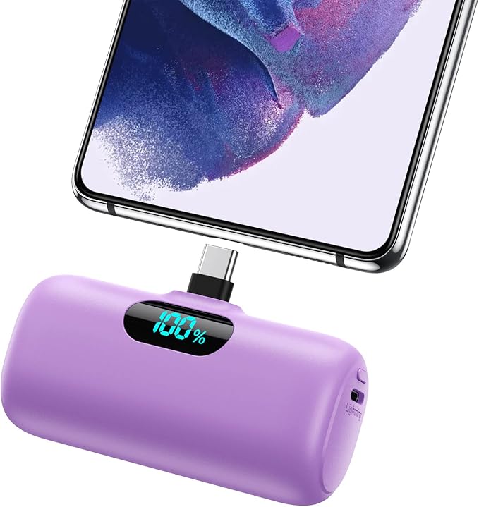 Mini Portable Charger 5000mAh Power Bank, 15w PD USB C Cell Phone Portable Power, LCD Display Battery Pack Compatible with Android Phone/Samsung Galaxy S22,S21/Note/Pixel/OnePlus 9 etc (Light Purple）