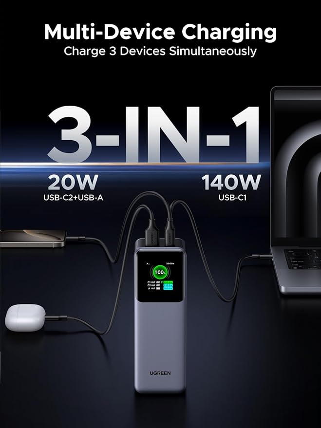 UGREEN Nexode Power Bank 25000mAh 200W Laptop Portable Charger PD 3.1 Fast Charging 90Wh 3-Port Battery Pack with TFT Smart Display for MacBook Pro/Air/ipad/iPhone 17/16/Samsung S24/Dell/HP and More