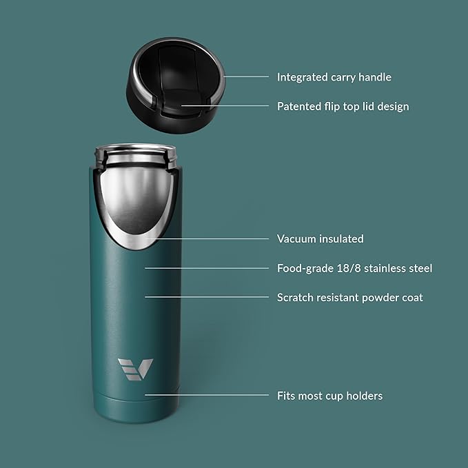 Maxi Stainless Steel Water Bottle 26oz - Double wall vacuum insulated | Integrated carry handle | leak proof flip top lid | Lightweight & stylish - Teal Green
