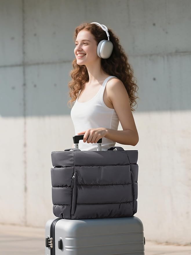 Puffer Tote Bag for Women, Lightweight Puffy Work Handbag Teacher Nurse Quilted Shoulder Bag for School Travel Gym