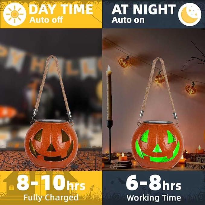 Jack O Lantern Decor Solar Light Color Changing Metal Pumpkin Halloween Lanterns Outdoor for Yard, Patio, Lawn, Porch, Garden Decorations