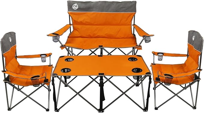 Northroad Folding Camping Chair Set of 4, Portable Collapsible Conversation Set w/1 Sofa, 2 Single Chairs, 1 Table for Family Patio, Outdoor Travel, Beach(Orange)