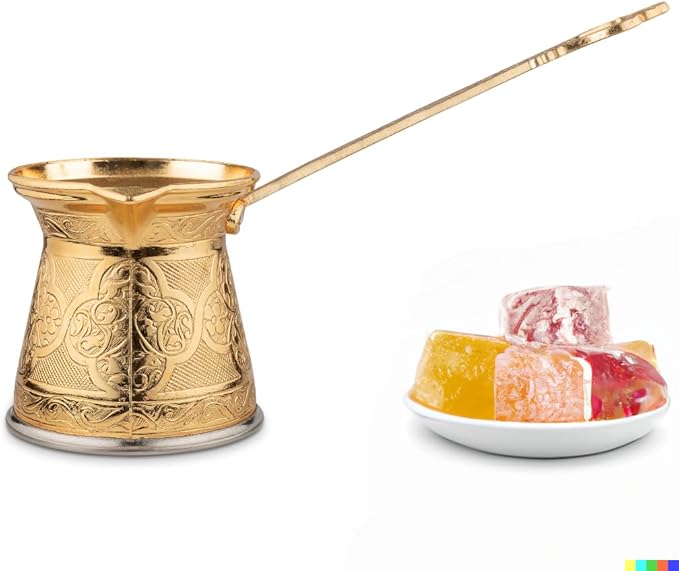 Alisveristime Authentic Turkish Coffee Pot, Handmade Cezve/Ibrik, 3.14-Inch Width, 3.14-Inch Height - 13.52 Ounce Enhance Your Coffee Experience Now! (4 Cup) (Gold)