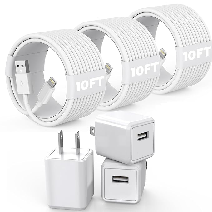 3Pack 10FT Long iPhone Charger,[Apple MFi Certified] Cube Phone Charging Transfer Cord 10Foot Lightning Cable USB Plug Wall Charger Block Travel Adapter for iPhone 14/13/12/11/SE 2022/8/7/XS/XR/X/iPad