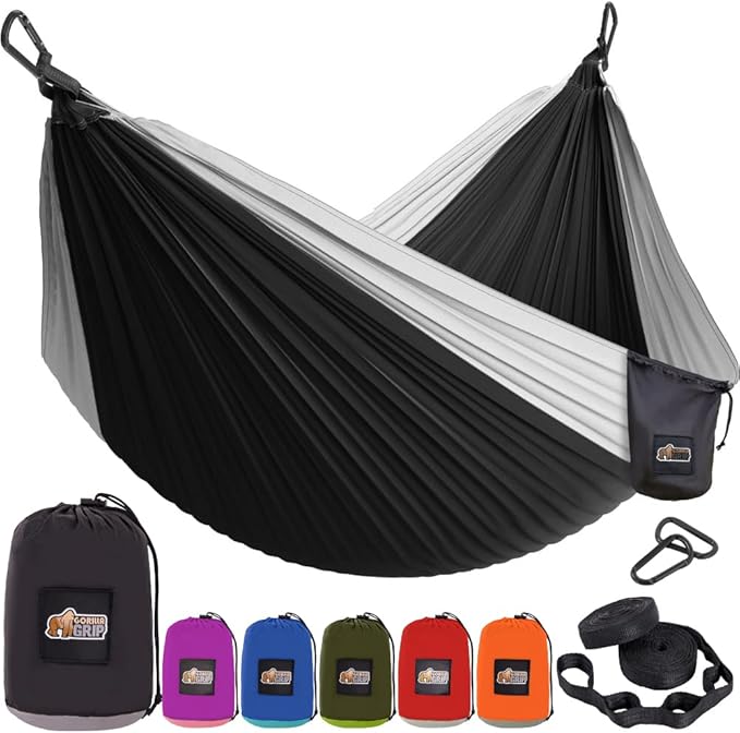 GORILLA GRIP Durable Portable Camping Hammock, Holds 400lbs with Heavy Duty Tree Straps, Comfortable Travel Swing, Camp Hammocks, Easy to Use and Install, Outdoor Essentials, Black, 9x4.5 FT