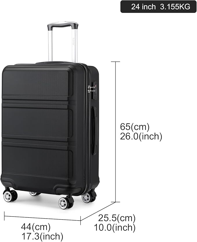 Kono 24 Inch Luggage Suitcase Lightweight with Spinner Wheels TSA Lock Hardside Medium Checked Luggage Durable Rolling Suitcase Black