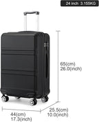 Kono 24 Inch Luggage Suitcase Lightweight with Spinner Wheels TSA Lock Hardside Medium Checked Luggage Durable Rolling Suitcase Black