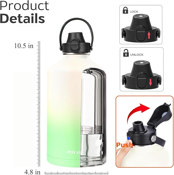 Water Bottle Insulated 32oz 40oz 64oz 128oz Straw Lid Spout Lid & 3 Lids, Leak Proof, Vacuum Insulated,Stainless Steel Water Bottle Wide Mouth for Sports, Gym or Office