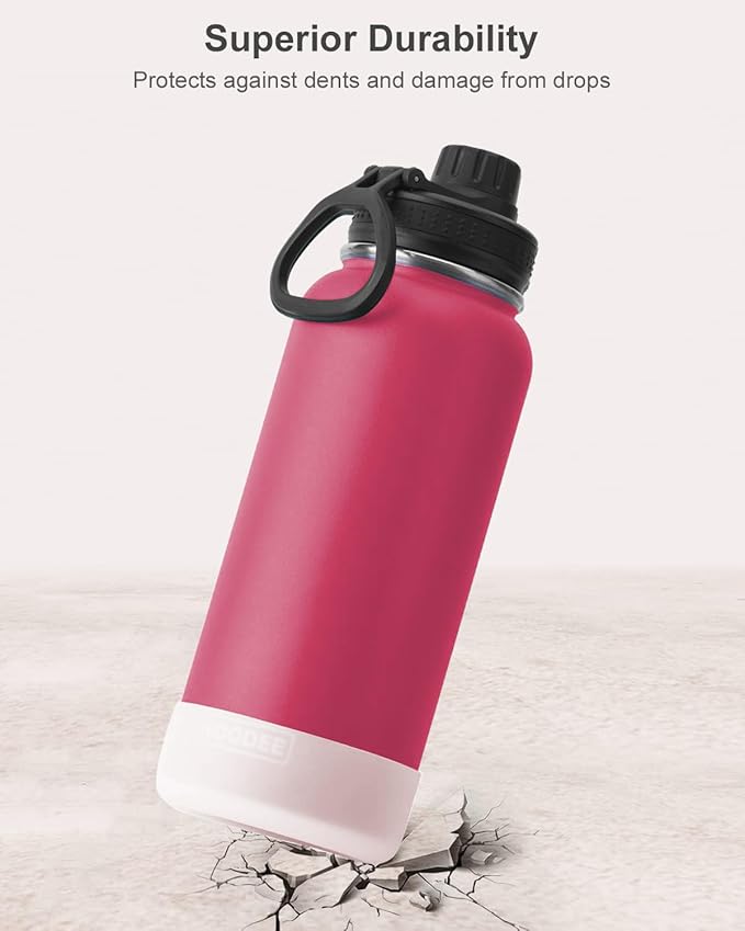 koodee Insulated Water Bottle, 32oz Stainless Steel Double Wall Vacuum Wide Mouth Sport Bottle with Leakproof Spout Lid (Pink Red)