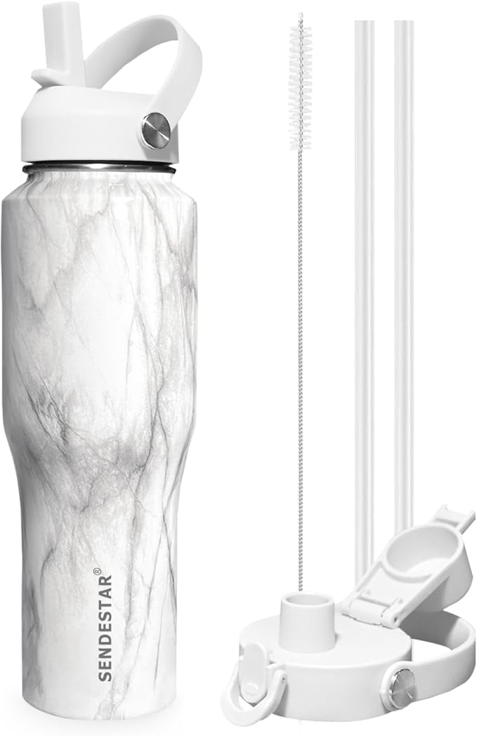 SENDESTAR 40oz Stainless Steel Water Bottle(Cold for 48 Hrs, Hot for 24 Hrs),Double Wall Vacuum Insulated Bottle with Straw Lid, Spout Lid and Flex Cap, Fit in Any Car Cup Holder TXIN-40-Marbling
