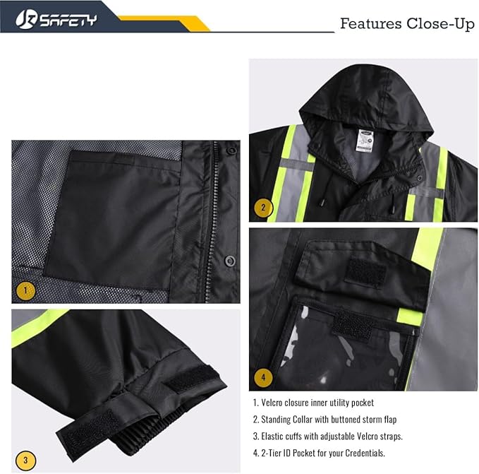 JKSafety Hi-Vis Reflective Safety Rain Jacket for Men Women Waterproof Rain Gears for Farming Fishing Work HV Rain Jacket with Inner Mesh Lining and Pockets (117A-Black 3XL)