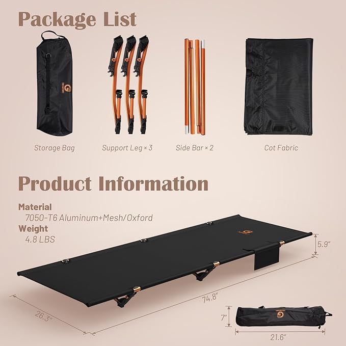 G2 Foldable Camping Cot, Durable Travel Tent Cot, Ultralight for Backpacking, Summer Hiking, Mountaineering, Max Loading Capacity 264lb, Easy to use for Woman & Man, Comes with Storage Bag