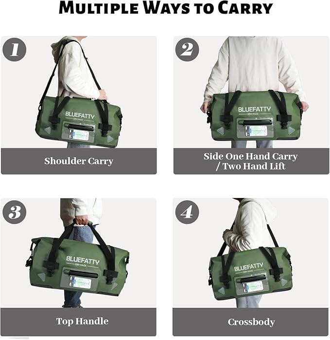 Waterproof Motorcycle Duffel Bag Roll Top Dry Duffel Bag with Quick-fixed Straps for Rafting, Boating, Kayaking, Travel, 50L(Army Green)