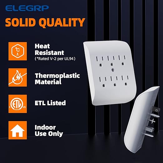 ELEGRP 6-Outlet Extender with Central Anchor, 3-Prong Grounded Wall Tab, Multiple Outlet Extender with 6 Electrical Outlets, ETL Listed, 2 Packs, White