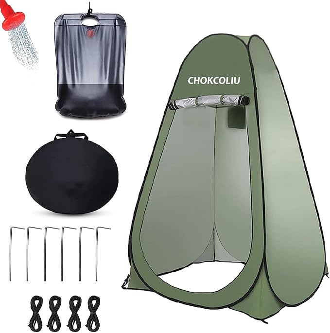 Pop-up Shower Tent & 20L Solar Shower Bag Combo - Waterproof Camping Privacy Shelter with Portable Heated Water Reservoir for Outdoor Bathing, Beach, Hiking (Green, 120x120x190cm)