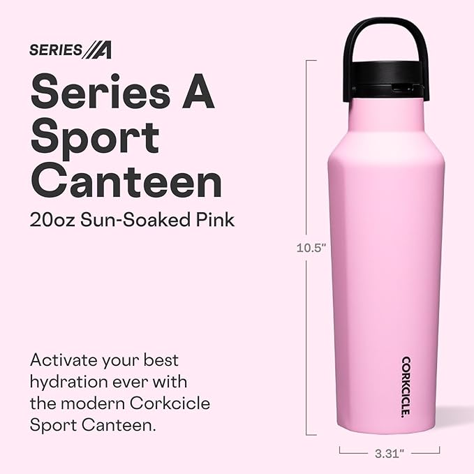 Corkcicle Sport Canteen - Keeps Drinks Cold 25 Hours - Stainless Steel Water Bottle - Triple-Insulated - Spill-Proof - Summer Drinkware Gift - Keeps Drinks Ice Cold - 20 oz - Sun-Soaked Pink