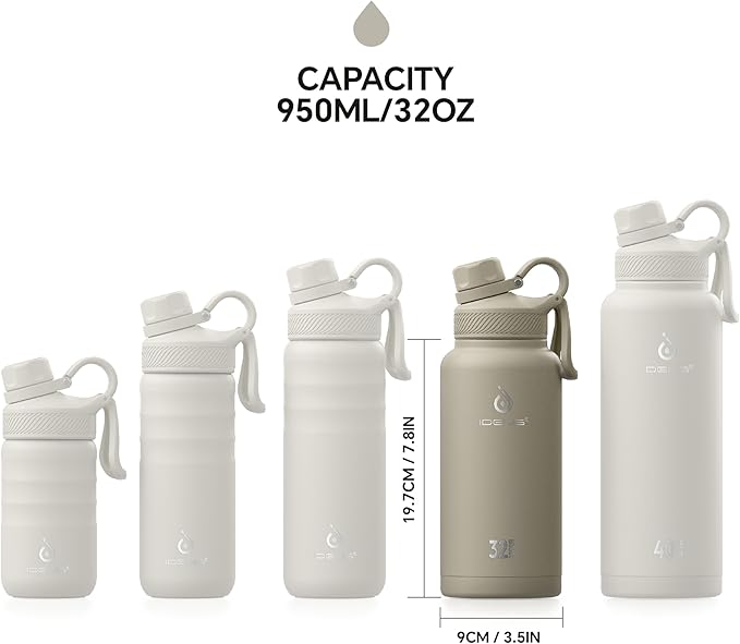 IDEUS Insulated Stainless Steel Water Bottle with 2 Leak-Proof Lids, Thermal Water Flask for Hiking Biking, 32oz, Celadon