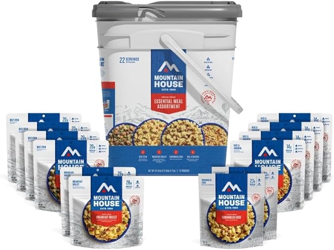 Mountain House Essential Meal Assortment Bucket | Freeze Dried Backpacking & Camping Food | 22 Servings | Gluten-Free