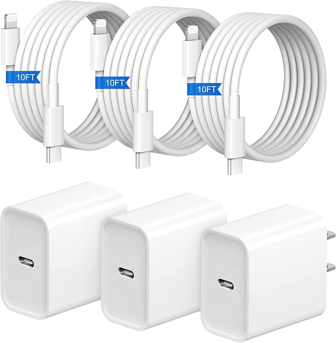 10FT iPhone Fast Charger 3+3Pack 20W USB C Wall Charger with 10FT Fast Charging Cable Compatible with iPhone 14/13/12/11/Pro/Pro Max 20251010