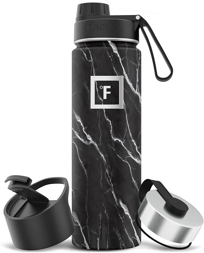 IRON °FLASK Camping & Hiking Hydration Flask with 3 Lids - Stainless Steel, Double Walled & Vacuum Insulated Water Bottle - Leak Proof & BPA Free (Black Marquina, Spout - 22 oz)