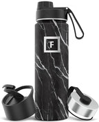 IRON °FLASK Camping & Hiking Hydration Flask with 3 Lids - Stainless Steel, Double Walled & Vacuum Insulated Water Bottle - Leak Proof & BPA Free (Black Marquina, Spout - 22 oz)