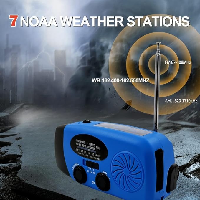 Solar Emergency Hand Crank Weather Radio, Portable Self Powered NOAA AM/FM Radios with SOS Alarm LED Flashlight 5000mAh Power Smart Phone USB Charger for Camping (5000mAh Blue)