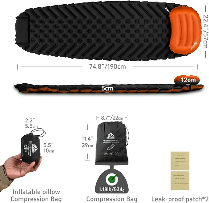Camping Sleeping mat and Inflatable Pillow - Set, Portable, Ultra-Light, Thickened, Quick to inflate in 30s, can be Spliced. Suitable for Backpacking, Hiking, Camping and Other Scenes