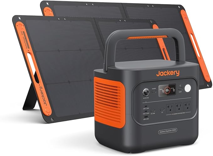 Jackery Explorer 2000 v2 Power Station and 2 * 100W Solar Panels, 2042Wh LiFePO4 Home Backup Battery, 2200W Solar Generator, USB-C PD 100W Fast Charging for Emergencies, Power Outages, Camping