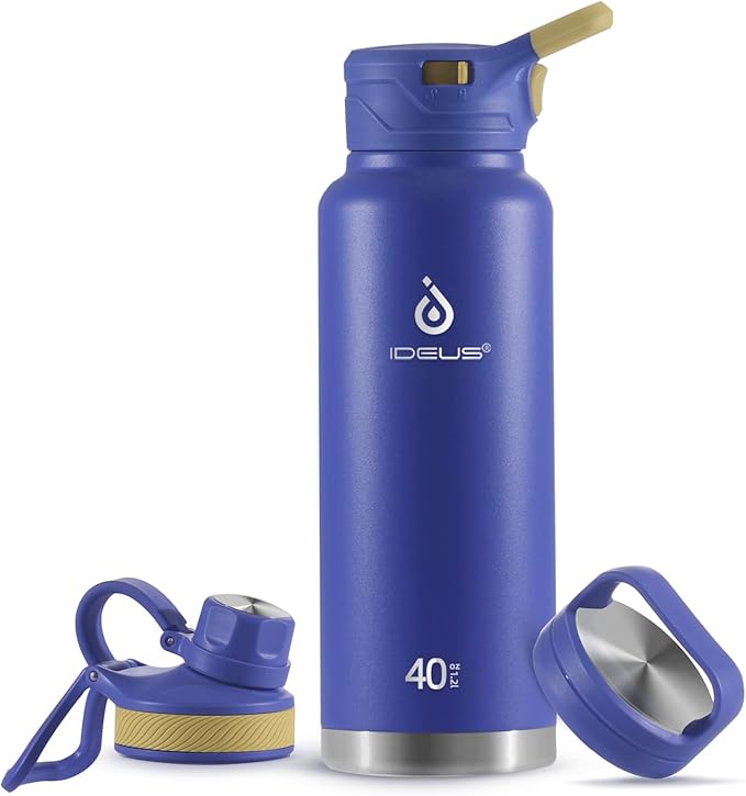 IDEUS Insulated Stainless Steel Water Bottle with 2 Leak-Proof Lids, Thermal Water Flask for Hiking Biking, 40oz, Purple