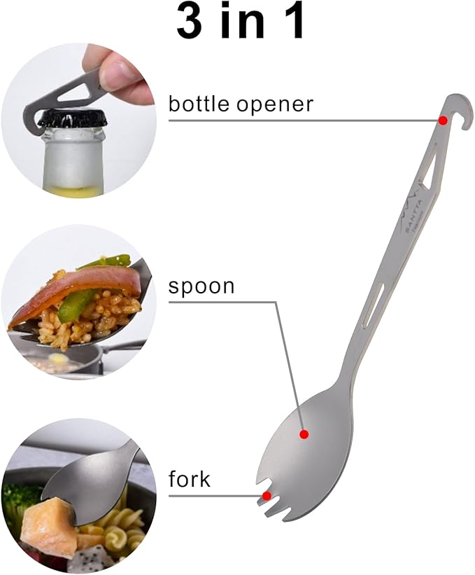 SANTTA Titanium Camping Spork Set of 2 Piece, Spoon Fork and Bottle Opener 3 in 1, Ultra light Multifunctional Ti Utensils with Storage Bag for Camping Backpacking Hiking Fishing Picnic and Travel