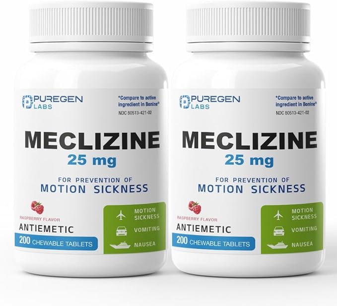 Puregen Labs Meclizine 25 mg Antiemetic 200 chewable Tablets | Motion Sickness Relief - Prevent Nausea, Vomiting, and Dizziness | Dairy Free | Made in USA | Value Pack – Total 400 chewable Tablets