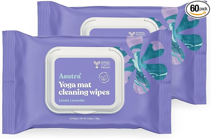 ASUTRA Yoga Mat Cleaning Wipes (Lovely Lavender), 2 Pouches (30 Wipes Each) - No Slippery Residue, Deep-Cleansing for Fitness Gear & Gym Equipment