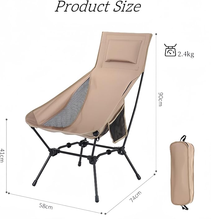 High Back Reclining Camping Chair - Oversized Folding Chair with Head Support, Widened Seat for Outdoor, Beach, Camp, Festivals (Khaki)