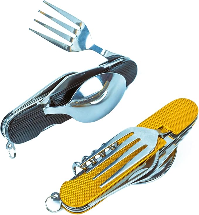 Cluck 6-in-1 Multi-Function Camping Utensil Flatware Set Detachable Spoon Fork Knife Combo Mess Kit with Carrying Pouch (Gold + Black)
