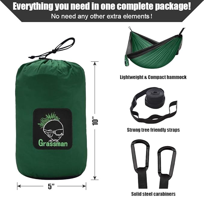 Grassman Camping Hammock Double & Single Portable Hammock with Tree Straps, Lightweight Nylon Parachute Hammocks Camping Accessories Gear for Indoor Outdoor Backpacking, Travel, Hiking, Beach