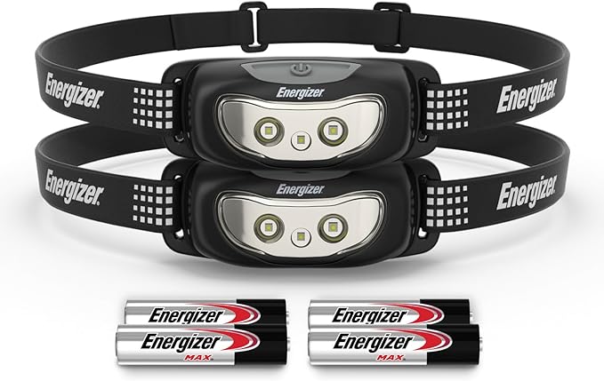 Energizer Universal Plus LED Headlamp, Lightweight Bright Headlamp for Outdoors, Camping and Emergency Light for Adults and Kids, Includes Batteries, Pack of 2