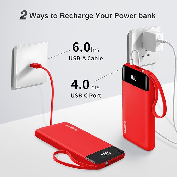 Power Bank 10000mAh Portable Charger with 4 Built-in Cables, Type-C in & Out Phone Charger, External Battery Charger Pack & Travel Essential for iPhone 16/15/14, Samsung, iPad, Android