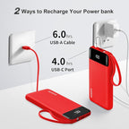 Power Bank 10000mAh Portable Charger with 4 Built-in Cables, Type-C in & Out Phone Charger, External Battery Charger Pack & Travel Essential for iPhone 16/15/14, Samsung, iPad, Android