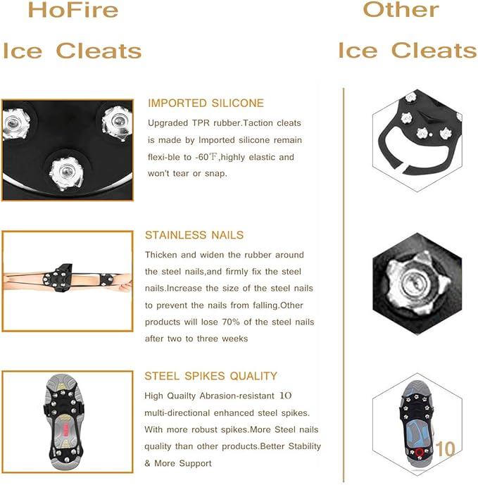 Ice Cleats for Shoes and Boots, Ice Snow Traction Cleats Grippers, Non Slip Shoe Ice Grippers,10 Steel Rubber Spikes Crampons Anti Easy Slip Studs Crampons Slip-on Stretch Footwear
