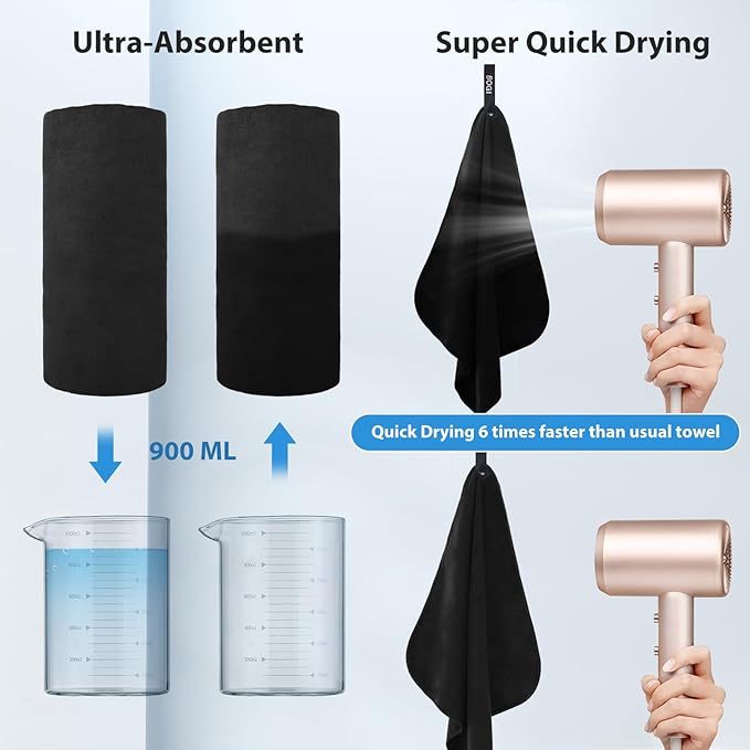 BOGI Microfiber Travel Sports Towel-Quick Dry Soft Lightweight Absorbent Compact for Camping Gym Beach Bath Yoga Backpacking (S:16''x32'',2Pcs-Black)